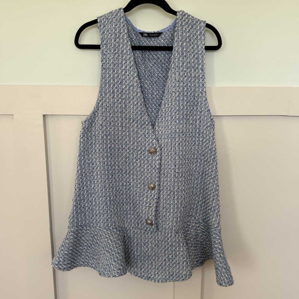 Zara Blue Tweed Pinafore Mini Dress MEDIUM Parisian Preppy Chic Buttons Academia